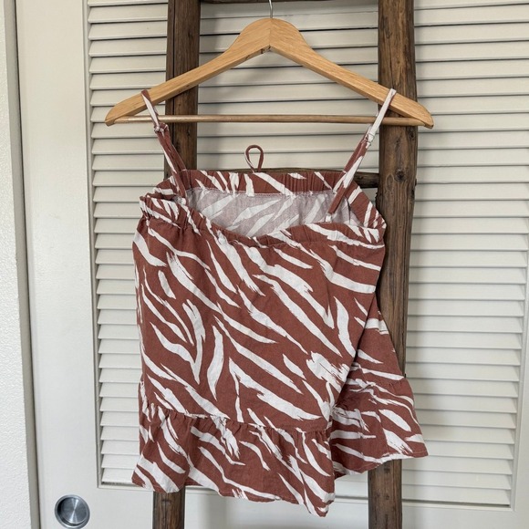 GILLI Zebra Print Cami Top Brown White Sleeveless Ruffle Hem Tie Front SIze S - Picture 3 of 4